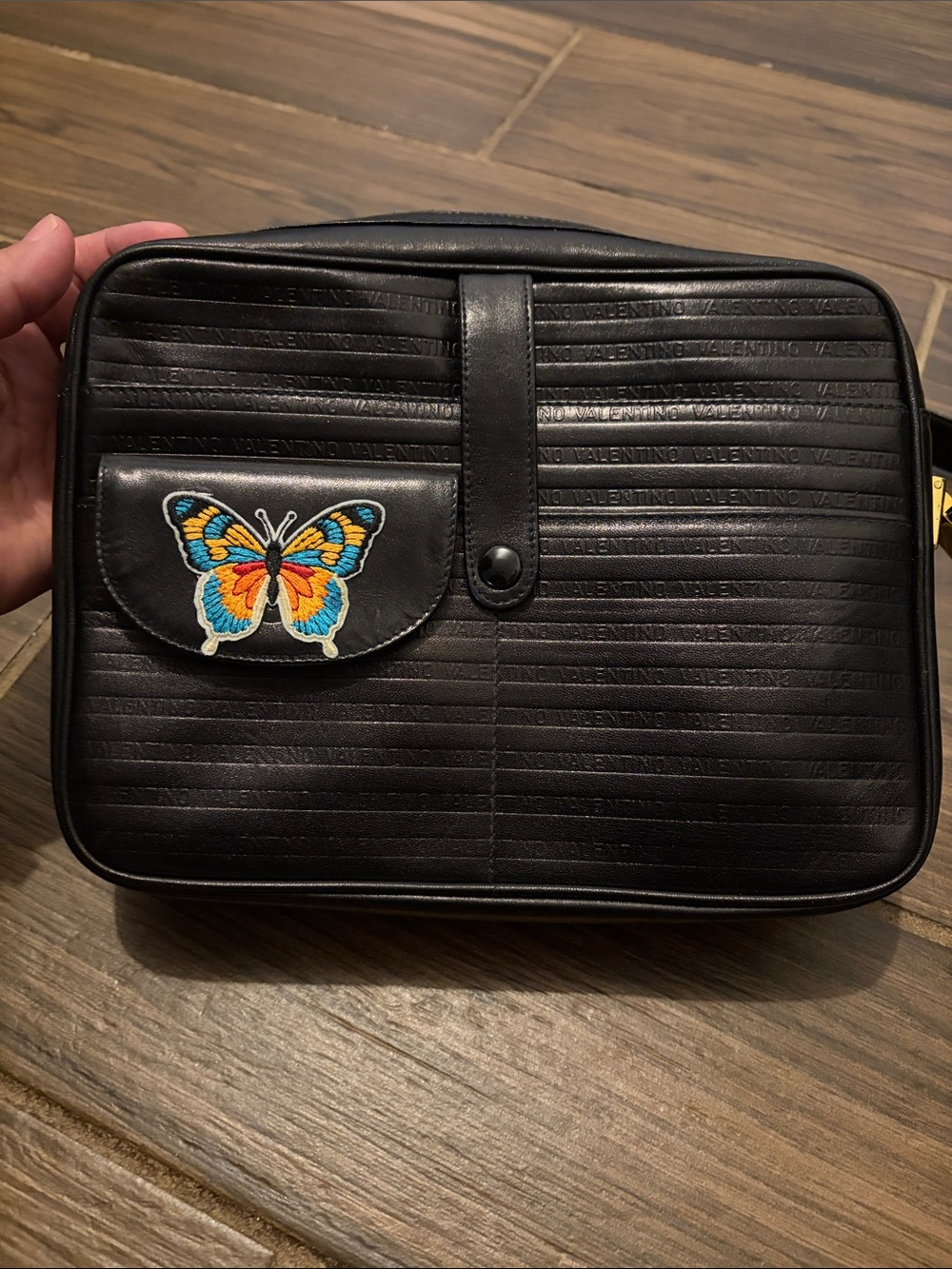 *As Is* Valentino Black Crossbody with Multicolor Butterfly Patch
